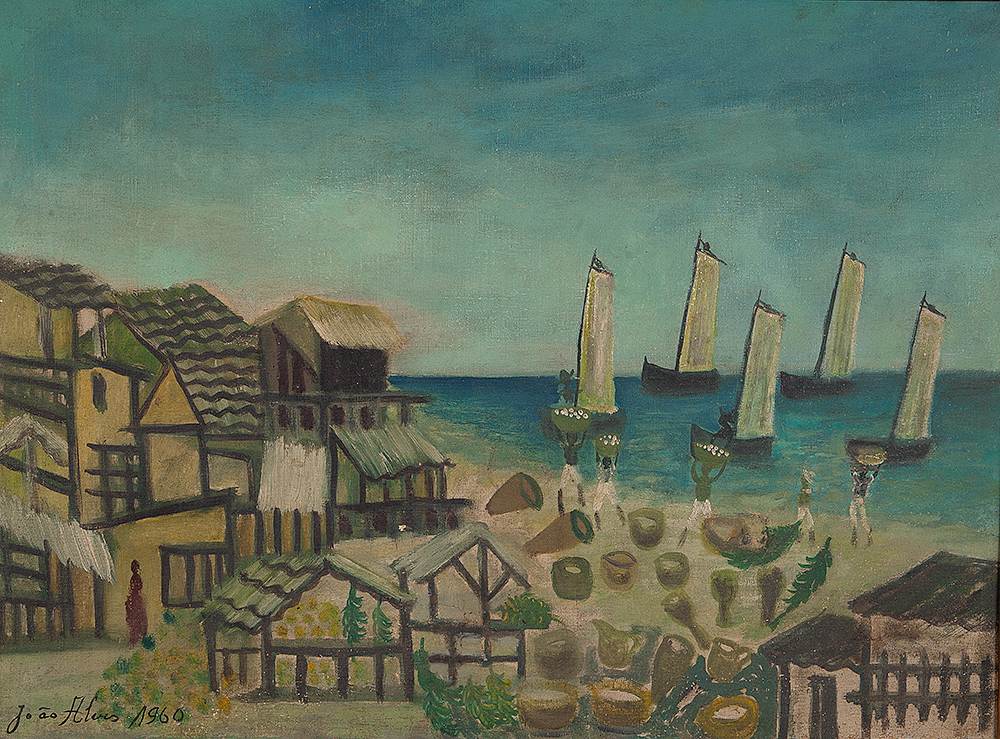 JOÃO ALVES - “Pescadores e barcos” Óleo sobre tela, Ass.dat.1960 inf.esq., 55 x 73 cm.