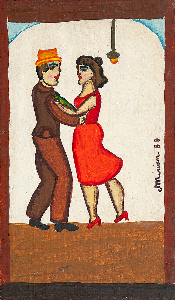 MIRIAN - “A dança” Óleo sobre madeira, Ass.dat.1988 lat. dir., 25 x 15 cm. - Com etiqueta da Galleria de Arte Jean Jacques.