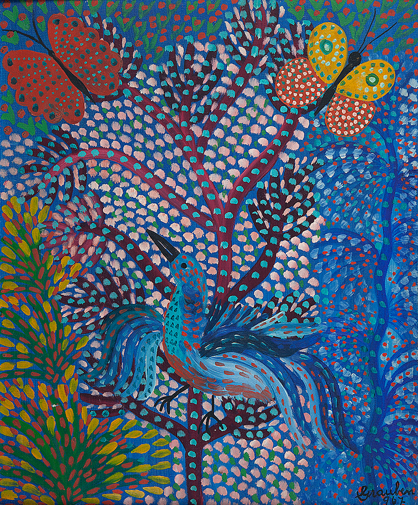 GRAUBEN (MARIA GRAUBEN BOMILCAR MONTE LIMA) - “Borboletas e pássaro” Óleo sobre tela, Ass.dat.1967 inf. dir.,46 x 38 cm.