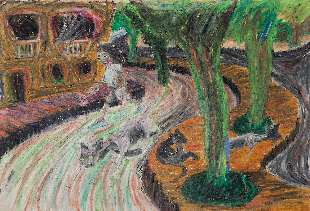 MANUEL MESSIAS - “Paisagem com figura e animais” Pastel sobre cartão, Ass. centro inf., 46 x 31 cm.