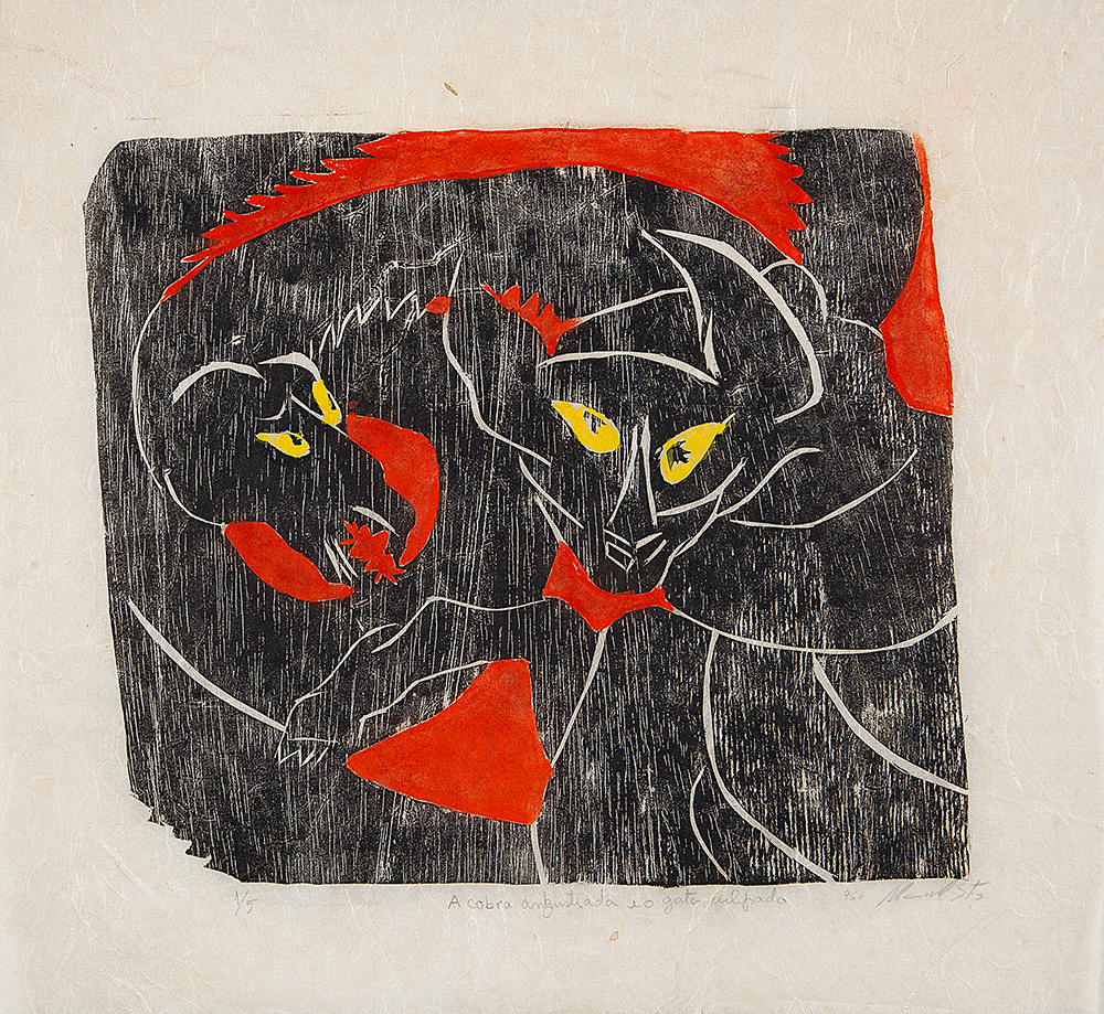 MANUEL MESSIAS - “A cobra angustiada e o gato culpado” Xilogravura colorida -1/5, Ass.dat.1966 inf.dir,tit. no centro inf, 25,5 x 28 cm.