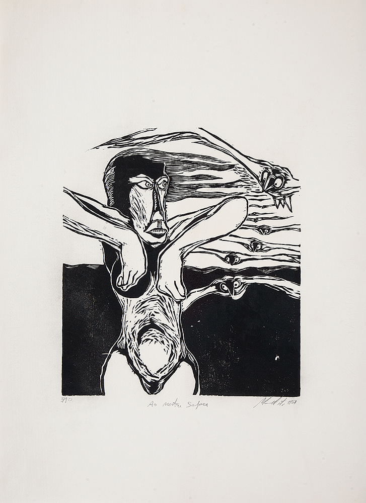 MANUEL MESSIAS - “Sem título” Xilogravura -3/10, Ass.dat.1968 inf. dir.,tit.e com dedicatória para artista Serpa no centro inf, 37 x 31 cm.