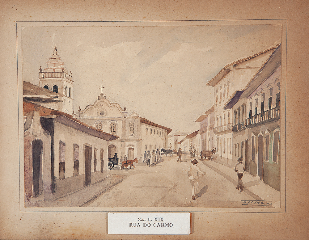 BENEDITO JOSÉ TOBIAS - “Rua do Carmo” Aquarela, Ass.inf.dir, Séc.XIX, 19 x 27,5 cm.