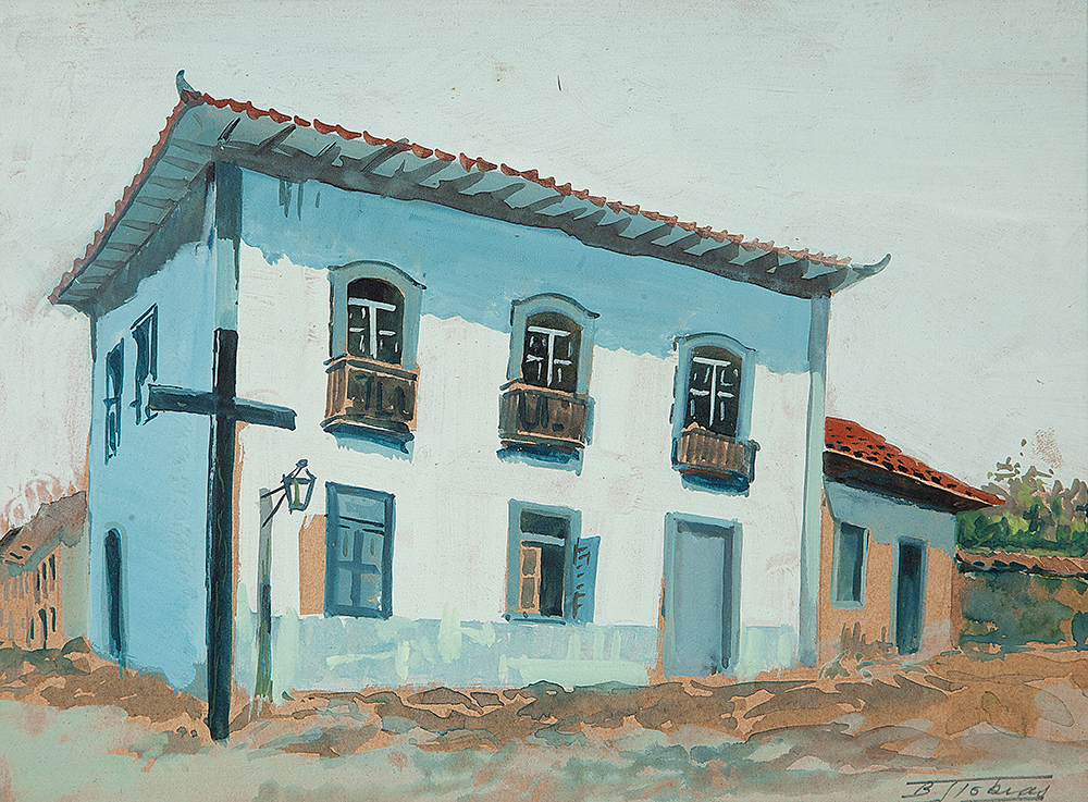 BENEDITO JOSÉ TOBIAS - “Antiga rua Cruz Preta esquina com a Senador Feijó” Aquarela, Ass.inf.dir, Séc.XVIII, 17,5 x 24 cm.