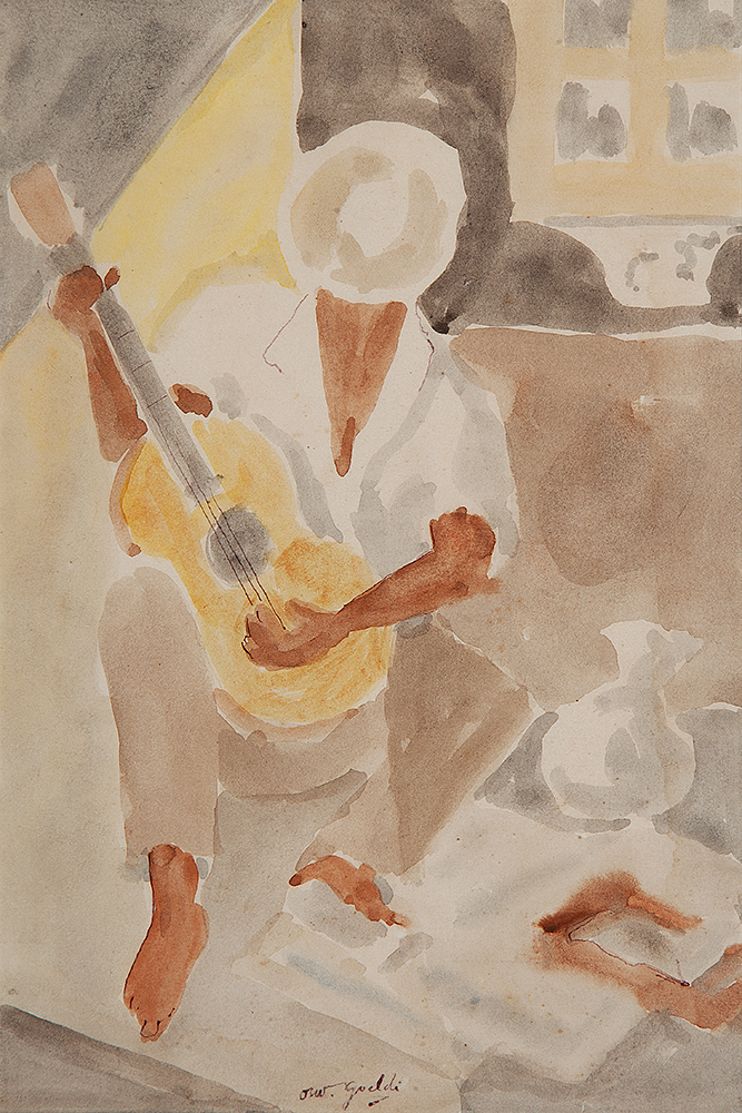 OSWALDO GOELDI - “Tocador de violão”, Aquarela sobre papel, Ass. no centro inf, 27,5 x 18 cm.