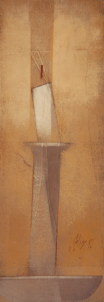 CARLOS SCLIAR - “Castiçal” Vinil e colagem encerado sobre tela sobre eucatex, Ass.dat.1978 inf.dir, ass.dat.tit.loc.”Cabo Frio” no verso, 37 x 13 cm.