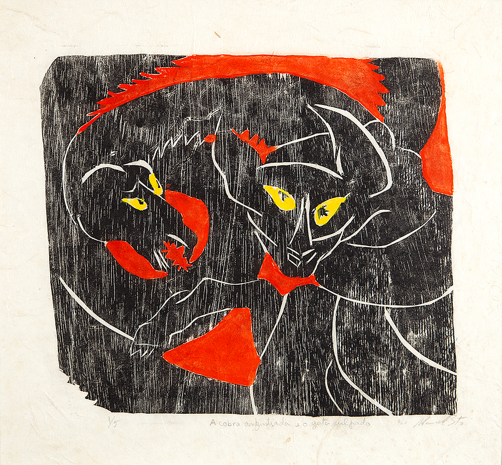 MANUEL MESSIAS - “A cobra angustiada e o gato culpado”- Xilogravura colorida -1/5 - Ass.dat1966 inf.dir,tit. no centro inf. - 25,5 x 28 cm.