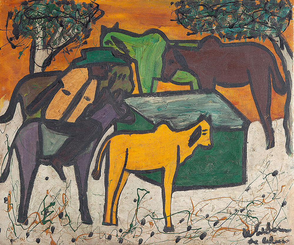 WALDOMIRO DE DEUS - “Figura, bois e cavalo”- Óleo sobre tela, Ass.inf.dir. - 45,5 x 54,5 cm.Com carimbo da Bel Galeria de Arte.