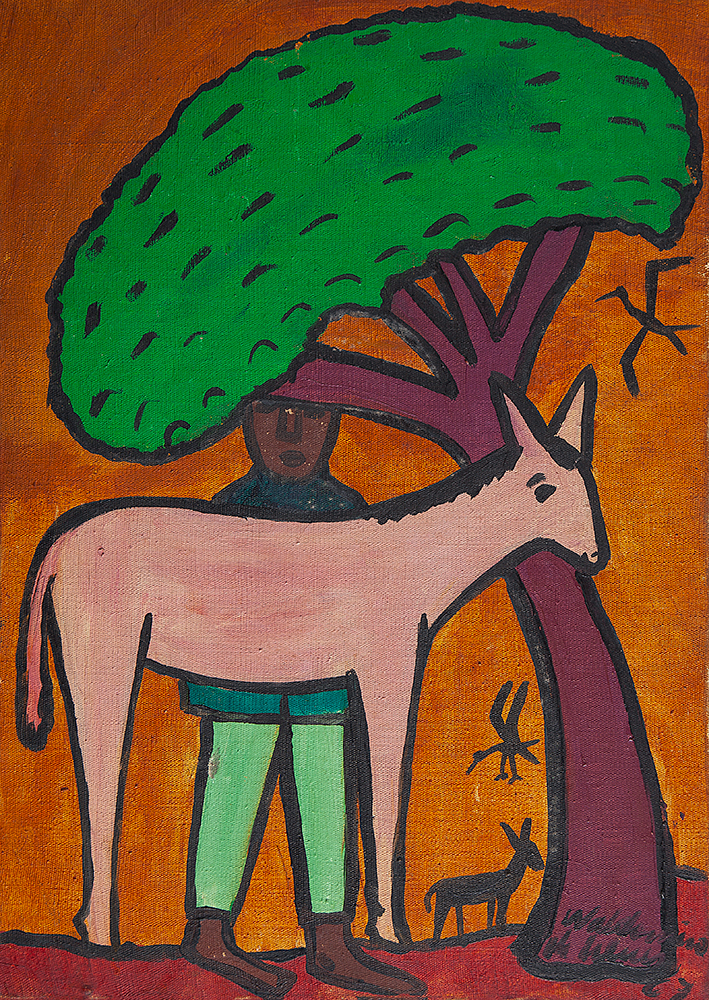 WALDOMIRO DE DEUS - “Homem e cavalo na sombra”- Óleo sobre tela - Ass.dat.1967 inf.dir.,Ass. no verso - 46 x 33 cm.