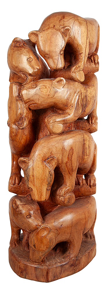 MIRAMAR BORGES - “Coluna de animais” -Escultura em madeira - Assinada - 81 x 34 x 26 cm.