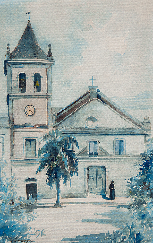 BENEDITO JOSÉ TOBIAS - “Igreja pátio do colégio”- Aquarela sobre cartão - Ass.inf.dir. - 40 x 25 cm.
