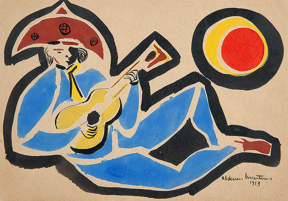 ALDEMIR MARTINS - “Homem tocando violão”- Guache sobre papel - Ass.dat.1953 inf.dir. -15 x 22 cm.