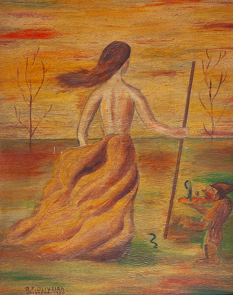 RAIMUNDO DE OLIVEIRA - “Mulher e duende” - Óleo sobre madeira - Ass.dat.1950 inf.esq. - 50 x 40 cm.Com etiqueta da A Galeria.
