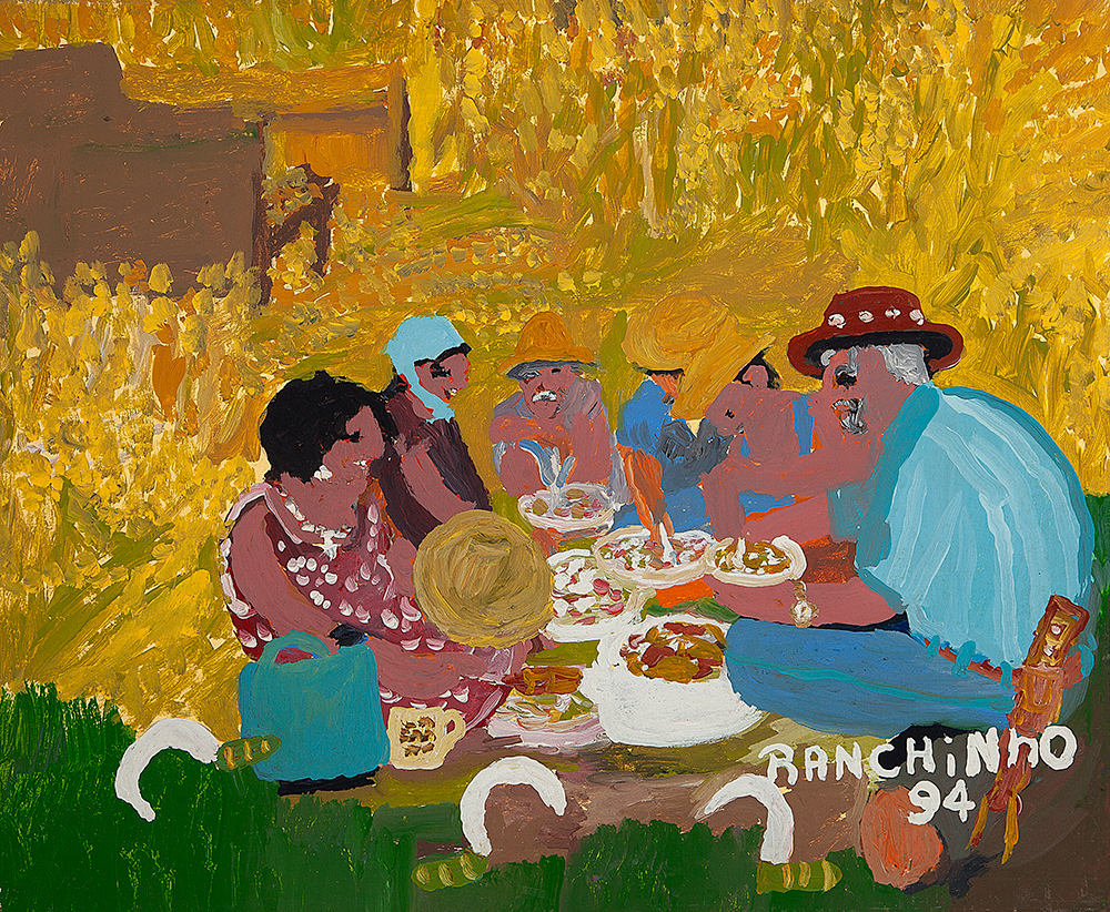 RANCHINHO (SEBASTIÂO PAULINO DA SILVA) - “Hora do almoço”- Óleo sobre tela - Ass.dat.1994 inf.dir - 60 x 73 cm.