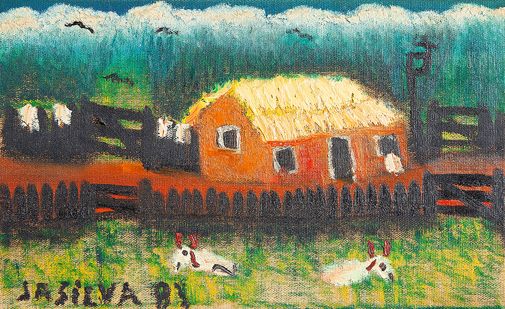 JOSÉ ANTÔNIO DA SILVA - “Fazenda”- Óleo sobre tela - Ass.dat.1983 inf.esq. ass.dat. no verso - 19 x 30 cm.