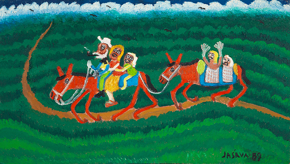 JOSÉ ANTÔNIO DA SILVA - “Família cavalgando”- Óleo sobre tela - Ass.tit.dat.1989 inf.dir.ass.dat. no verso -40 x 70 cm. Com etiqueta do acervo família Mabe.