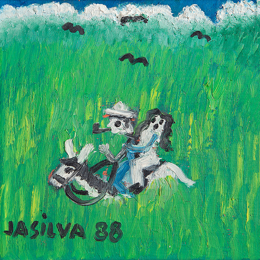 JOSÉ ANTÔNIO DA SILVA - “Casal cavalgando”- Pintura sobre azuleijo - Ass.dat.1988 inf.esq.Ass.dat. no verso - 15 x 15 cm.