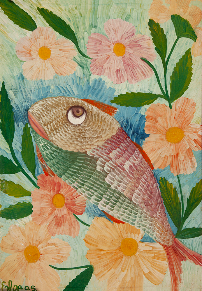 ELZA O.S. (ELZA DE OLIVEIRA SOUZA) - “Peixes e flores” - Óleo sobre eucatex - Ass. inf. esq. -50 x 35 cm.