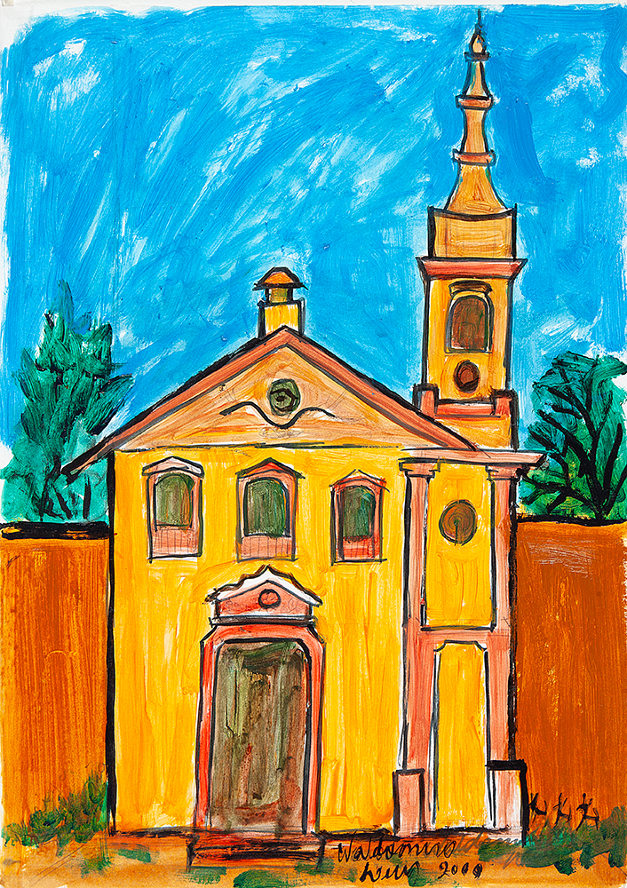 WALDOMIRO DE DEUS - “Igreja”- Guache e óleo sobre papel - Ass.dat.2000 inf.dir.- 44 x 31,5 cm.