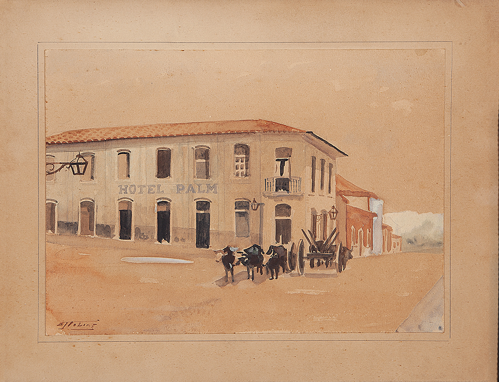 BENEDITO JOSÉ TOBIAS - “Hotel Palm – Largo do Capim 1862/1863” - Aquarela sobre papel - Ass. inf. esq. - 19,5 x 27 cm.