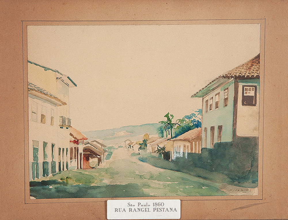 BENEDITO JOSÉ TOBIAS - “Rua Rangel Pestana –São Paulo 1860” - Aquarela sobre papel - Ass. inf. dir. - 20,5 x 28 cm.