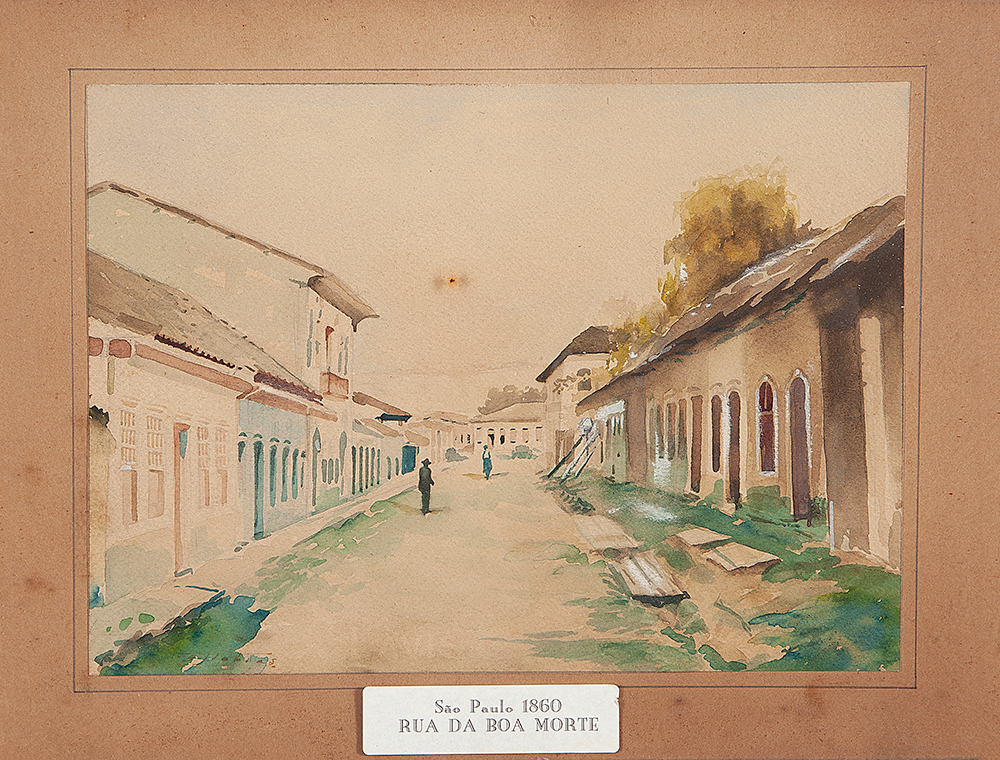 BENEDITO JOSÉ TOBIAS - “Rua da Boa Morte –São Paulo 1860” - Aquarela sobre papel - Ass. inf. esq - 20,5 x 28 cm.