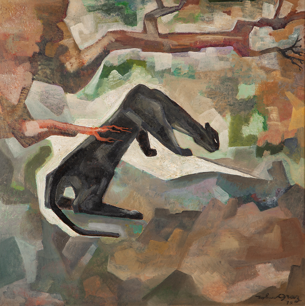 JOHN GRAZ - “Onça preta” - Óleo sobre eucatex - Ass.dat.1972 inf. dir - 66 x 66 cm.