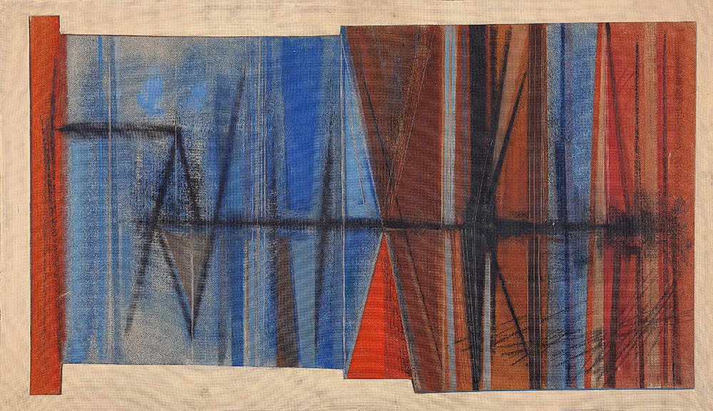 ABELARDO ZALUAR- “Abstração”.- Óleo sobre tela sobre chapa de madeira industrializada - Ass. no verso - 71 x 123 cm. Com selo de participação da obra no Salão Nacional de Arte Moderna, no Rio de Janeiro em 1958.