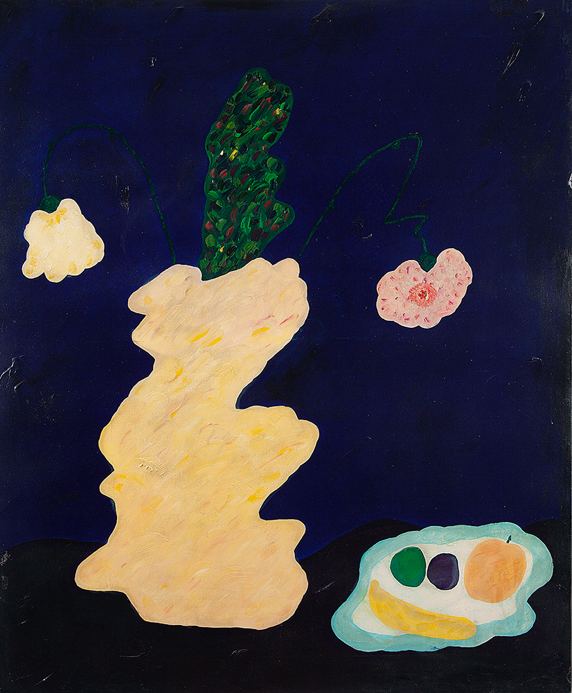 ANGELO DE AQUINO - “Vaso de flores, cactos e frutas, fundo azul” - Liquitex sobre tela - Ass.tit.dat.1984 no verso - 100 x 120 cm.