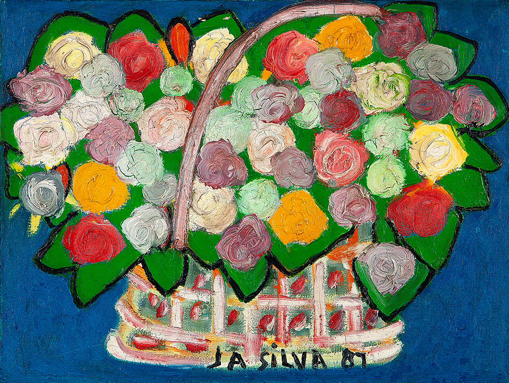 JOSÉ ANTÔNIO DA SILVA - “Cesto de flores” - Óleo sobre tela - Ass.dat.1987 centro inf., ass.dat. no verso - 30 x 40 cm.