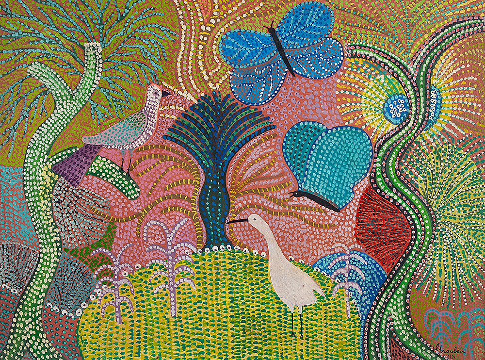 GRAUBEM (MARIA GRAUBEM BOMICAR MONTE LIMA) - “Paisagem com borboletas e pássaros” - Óleo sobre tela - Ass.dat.1964 inf.dir - 60 x 81 cm.