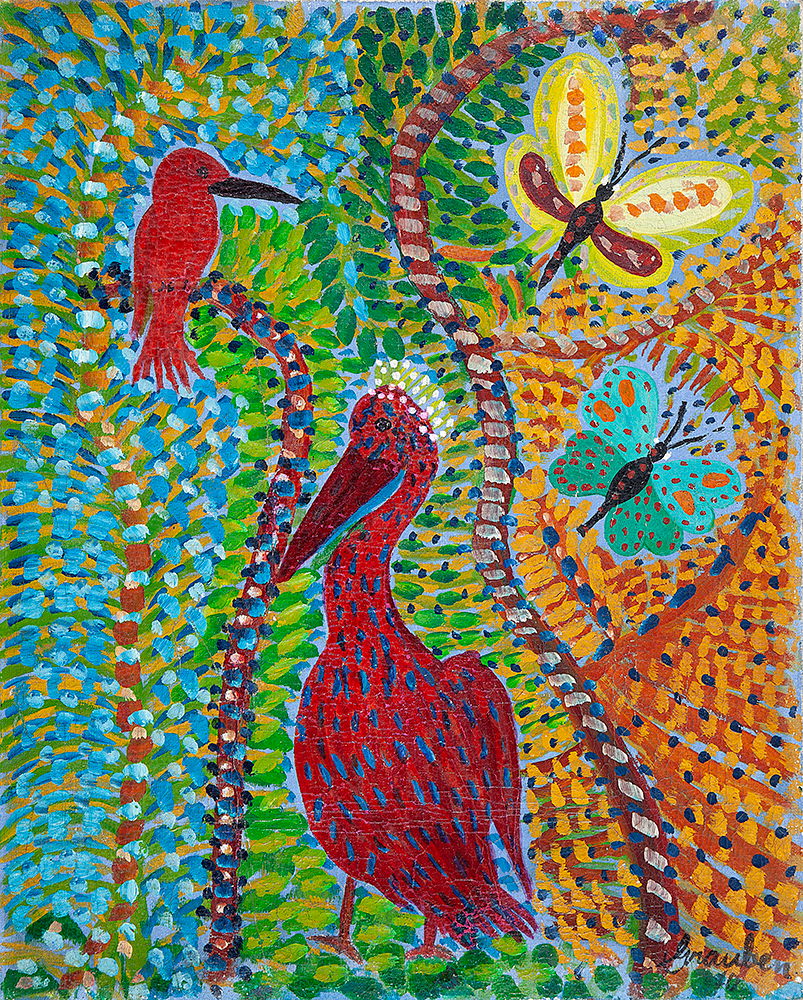 GRAUBEM (MARIA GRAUBEM BOMICAR MONTE LIMA) - “Pássaros e borboletas” - Óleo sobre tela sobre eucatex - Ass.dat.1970 inf.dir - 40 x 32 cm.