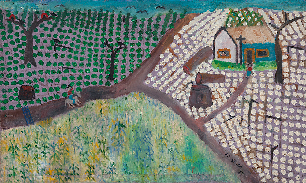 JOSÉ ANTÔNIO DA SILVA - “Fazenda com figuras” - Óleo sobre tela - Ass.dat.1987 inf.dir, ass.dat. no verso - 60 x 100 cm.Participou da Exposição \