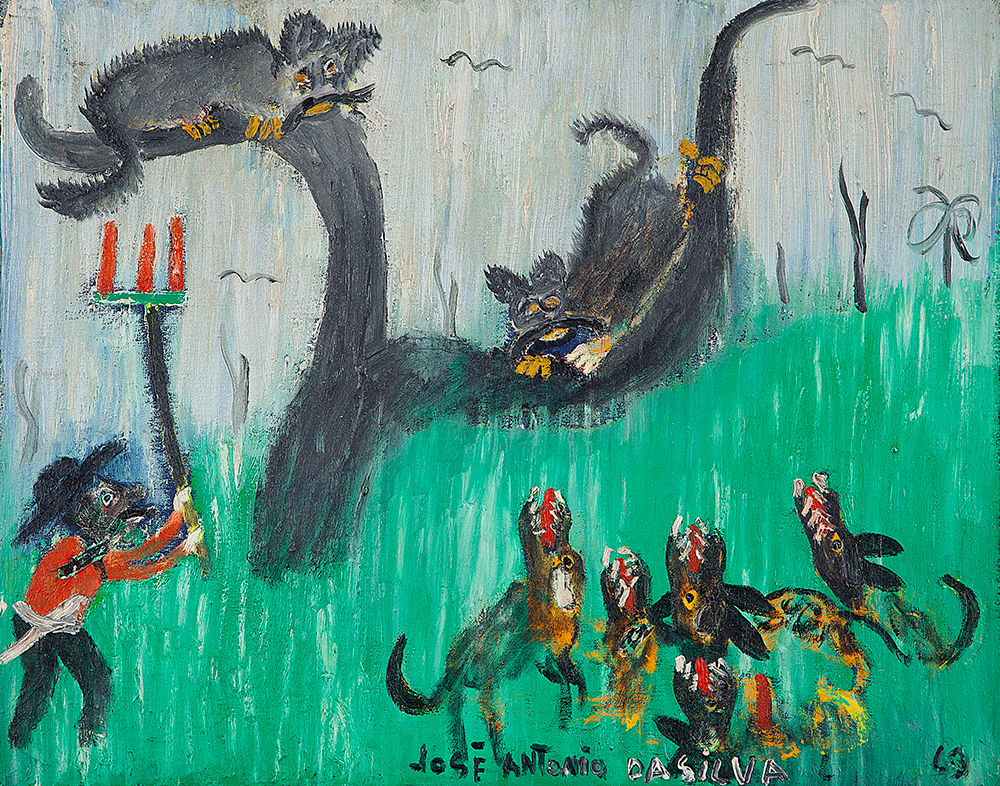 JOSÉ ANTÔNIO DA SILVA - “Capataz,cachorros e gatos” - Óleo sobre tela - Ass.dat.1969 inf.dir - 40 x 50 cm.