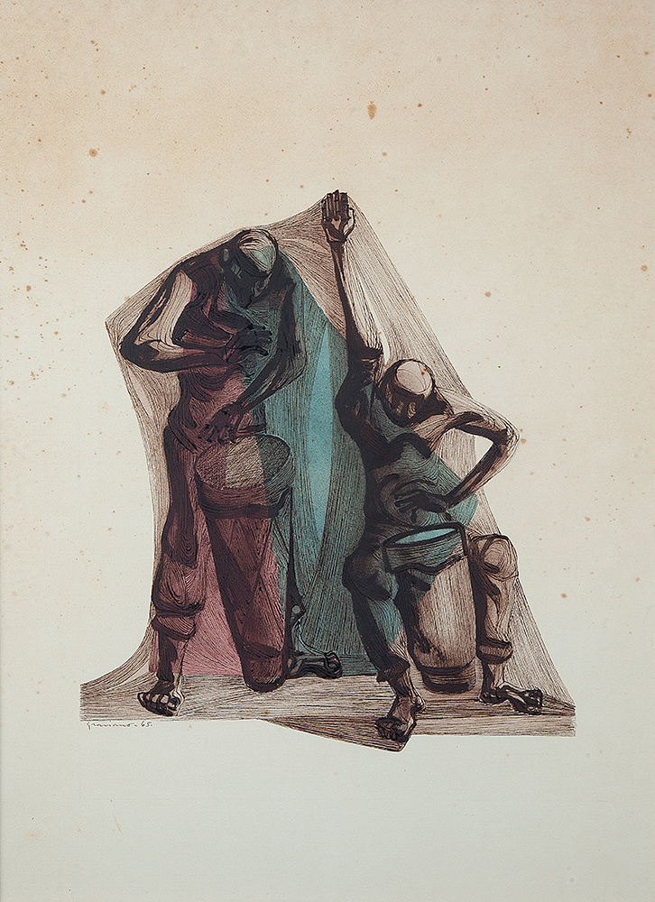 CLÓVIS GRACIANO - “Homens tocando tambor” - Guache e aquarela sobre papel -Ass.dat.1965 inf.esq. - 57 x 42 cm.