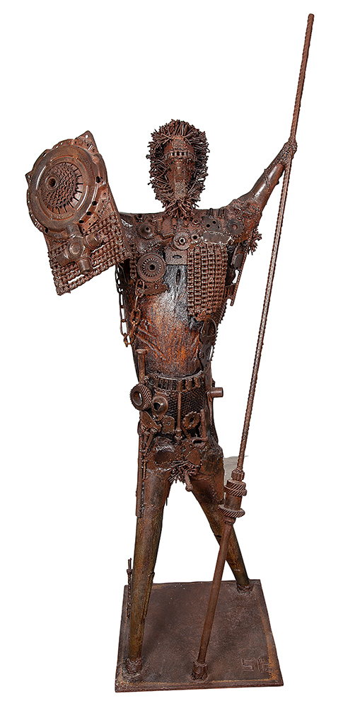 FRANCISCO STOCKINGER - “Guerreiro” -Escultura em ferro e madeira - Assinada na base - 185 lança/ 158 sem lança x 52 x 48 cm.