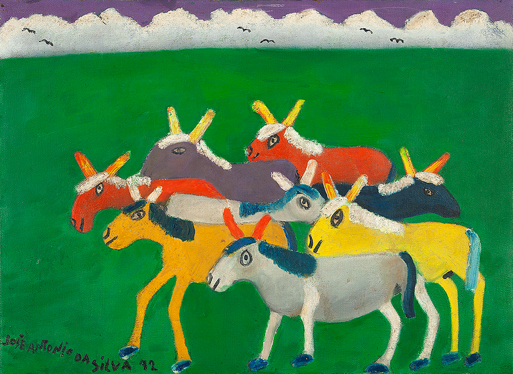 JOSÉ ANTÔNIO DA SILVA - “Cavalos e mulas” - Óleo sobre tela - Ass.dat. inf. esq., ass. dat. 1972 no verso - 45 x 61 cm.Apresenta restauro antigo.