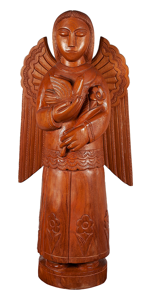 MESTRE EXPEDITO - “Anjo com pássaro” - Escultura em madeira - Ass.loc. “T. Piaui” e dat.2008 na base - 100 cm de altura.