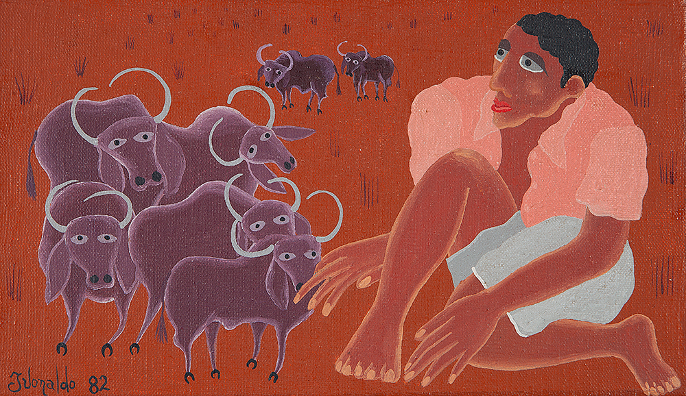 IVONALDO - “Homem e animais” - Óleo sobre tela - Ass.dat.1982 inf.esq. - 14 x 24 cm.