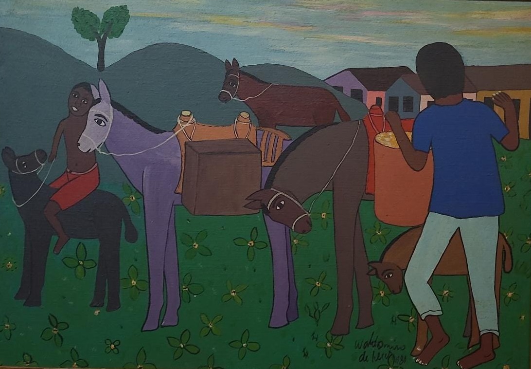 WALDOMIRO DE DEUS - “Figuras com burros” - Óleo sobre tela - Ass.dat.1980 inf.dir - 70 x 100 cm.