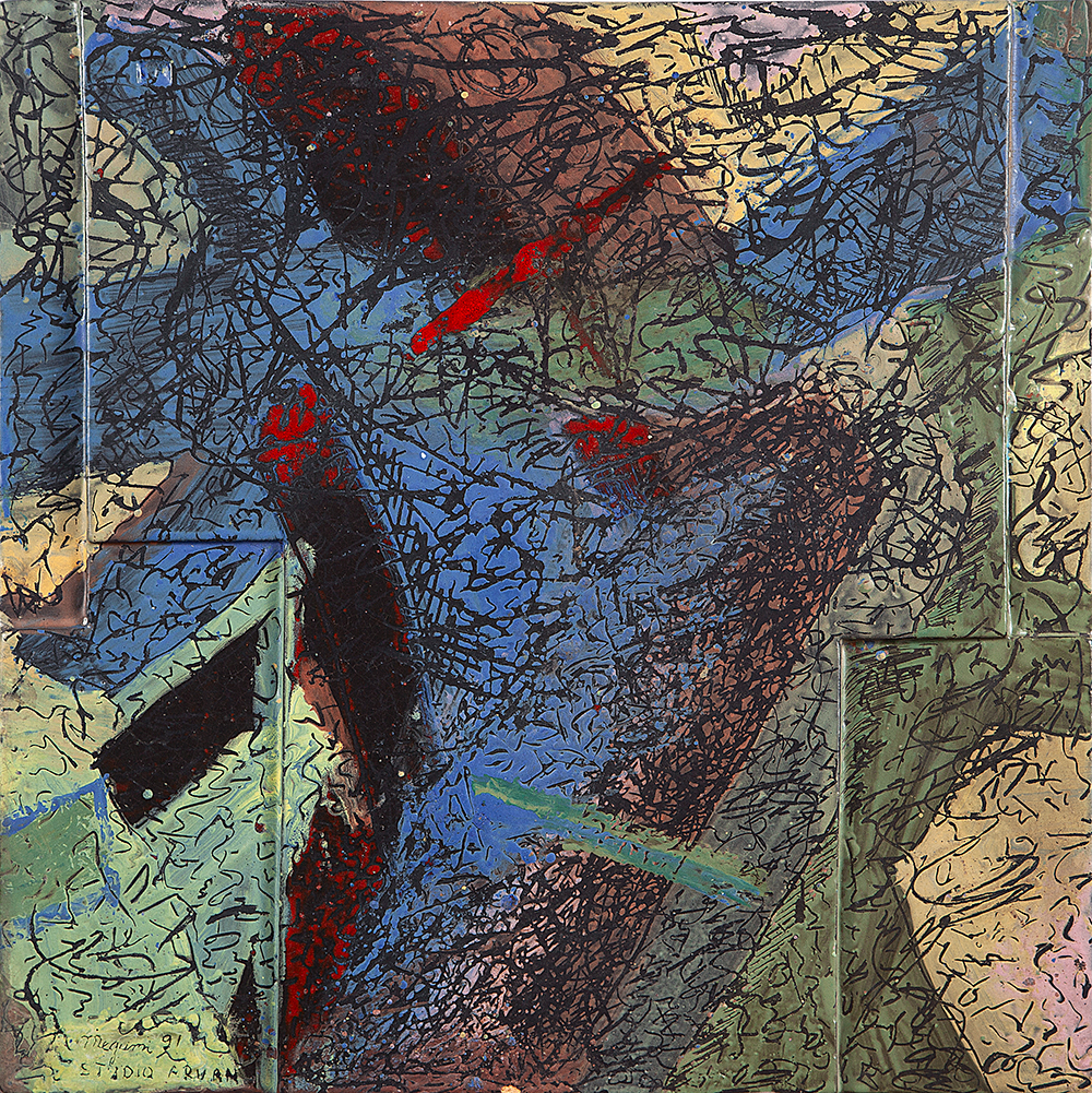 MEGUMI YUASA “Sem título” - Pintura sobre placa em cerâmica - Ass.dat.1991 inf.esq. 46 x 46 cm.