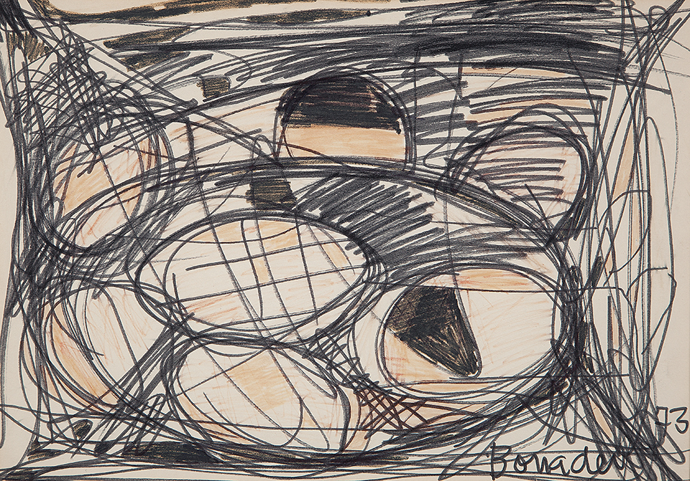ALDO BONADEI  “Sem título”- Desenho a caneta hidrográfica e crayon Ass.dat.1973 inf.dir - 23 x 33 cm.
