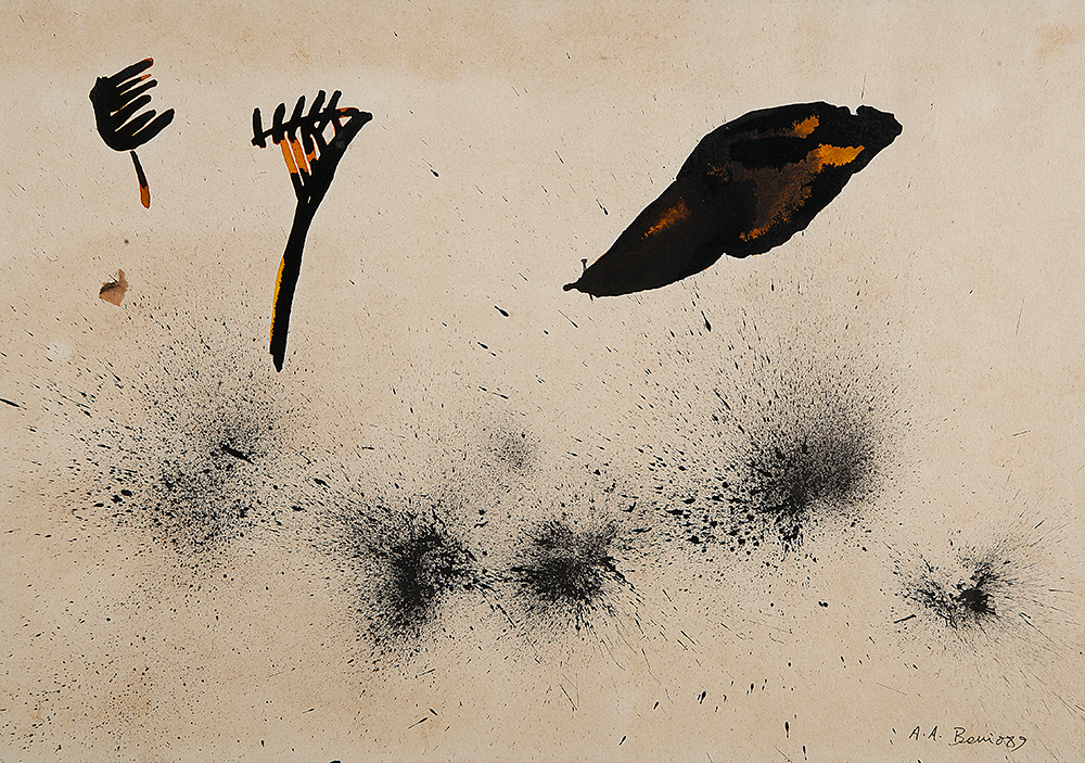 ARTUR BARRIO “Sem título” -Nanquim e óleo sobre papel.- Ass.dat.1989 inf.dir - 34 x 48 cm.