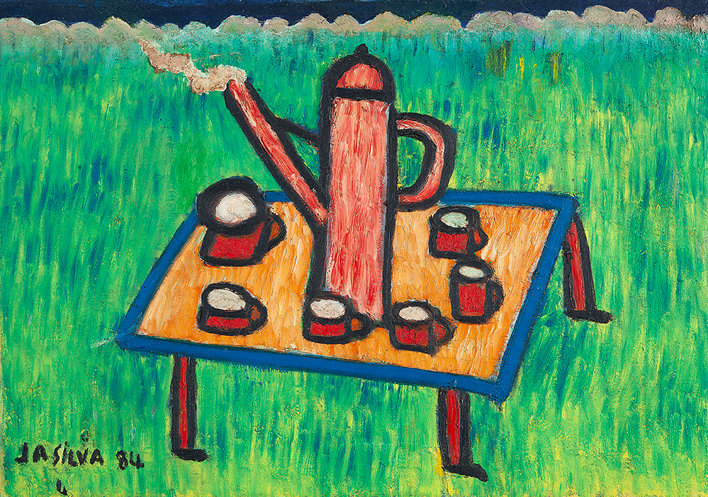 JOSÉ ANTÔNIO DA SILVA “Mesa com bule e xicaras” - Óleo sobre tela - Ass.dat.1984 inf.esq.Ass.dat. no verso.38 x 54 cm.