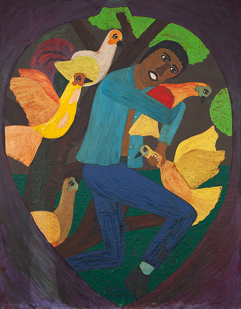 WALDOMIRO DE DEUS “Homem e pássaros” - Óleo sobre tela - Ass.dat.1977 centro inf.- 131 x 102,5 cm.
