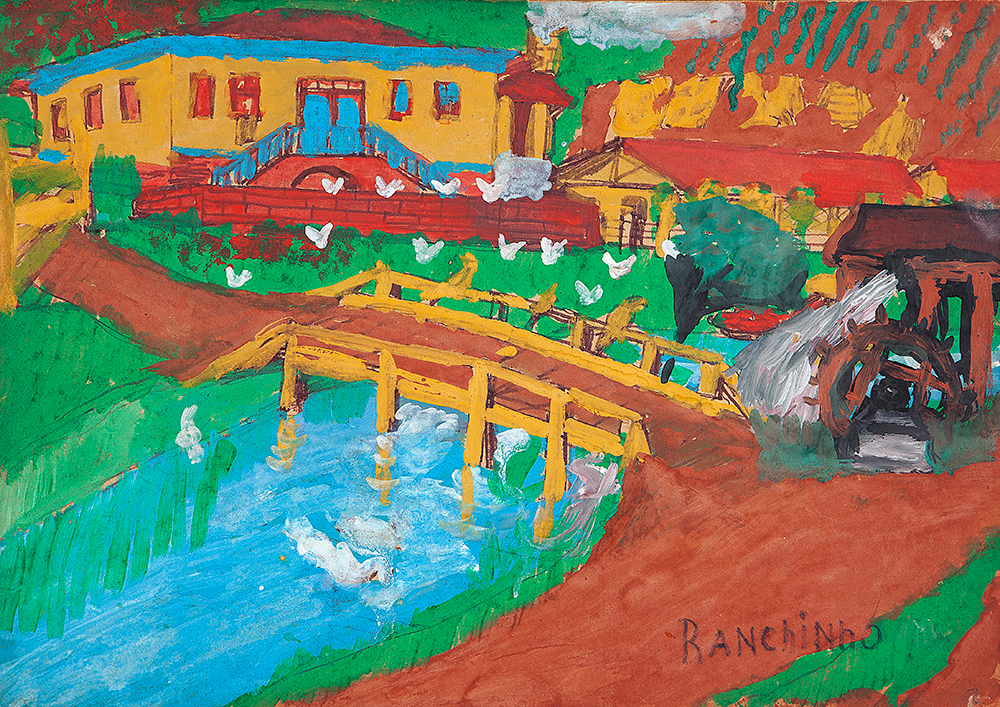 RANCHINHO “A ponte e os pássaros” - Óleo e guache sobre cartão - Ass.inf.dir - 35,5 x 50 cm.