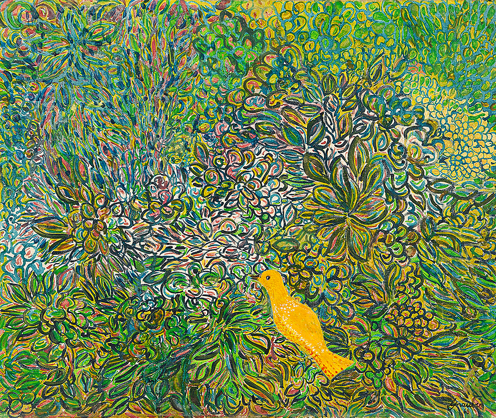 GRAUBEM (MARIA GRAUBEM BOMICAR MONTE LIMA) “Paisagem com pássaro amarelo” - Óleo sobre tela - Ass.dat.1968 inf.dir - 46 x 55 cm.