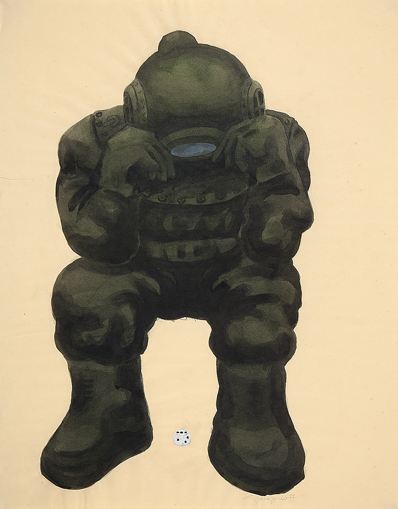 GREGÓRIO GRUBER - Mergulhador e guerreiro com armadura - Aquarela sobre papel - Ass.dat 1977 inf.dir. 49 x 63 cm.