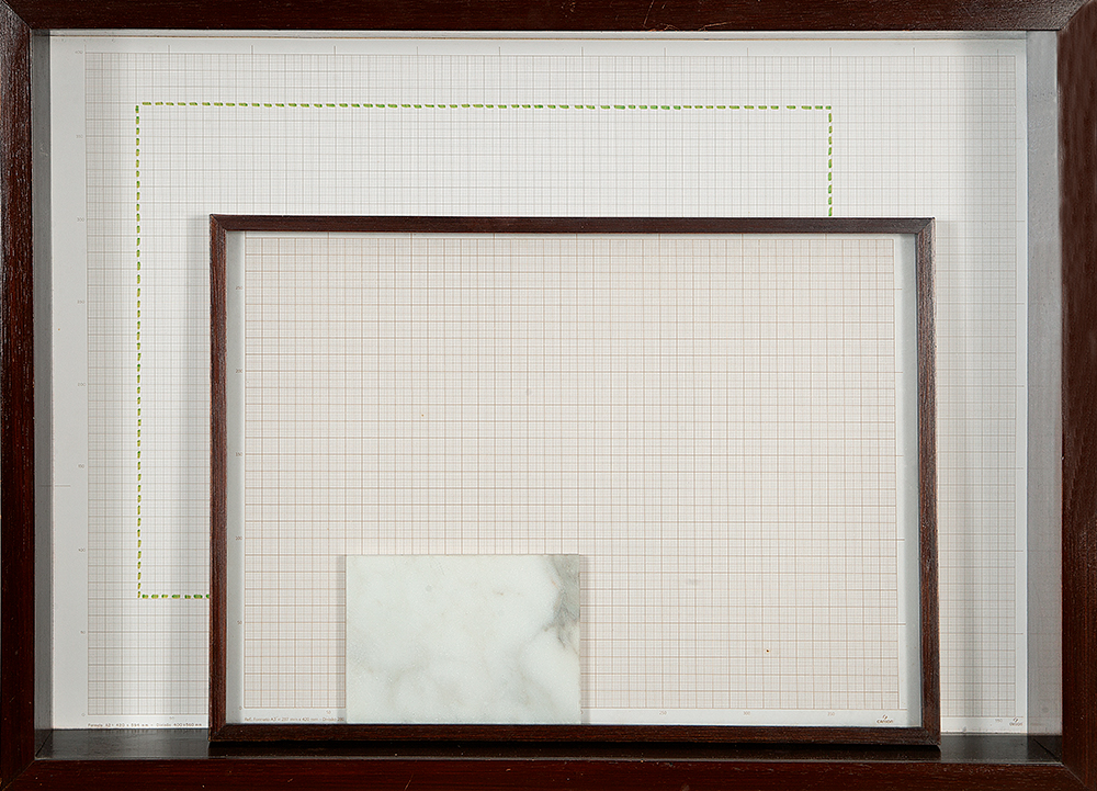 JOSÉ DAMASCENO - Projeto-Objeto - Papel milimetrado e colagem sobre caixa de madeira - Ass.tit. no verso - 2010 - 46 x 63 cm. Com etiqueta da Galeria Artur Fidalgo.