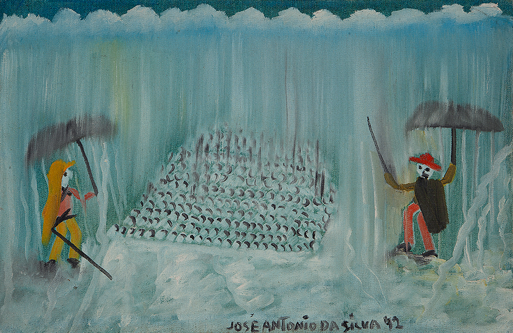 JOSÉ ANTÔNIO DA SILVA - Chuva - Óleo sobre tela. Ass.dat.1972 centro inf. 40 x 60 cm.